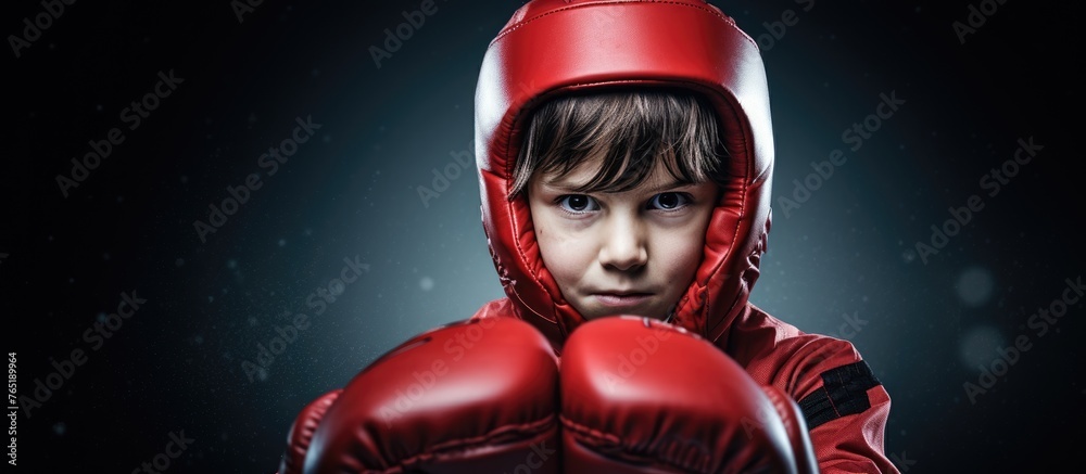 Child in red boxing glove close up
