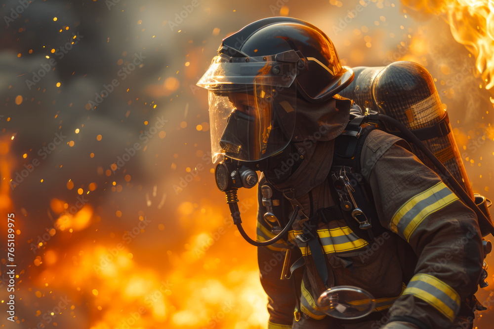 Heroic firefighter saves the day by extinguishing a blazing inferno in full gear Heroic firefighter saves the day by extinguishing a blazing inferno in full gear
