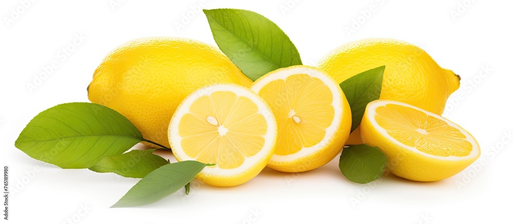 Fototapeta premium Three lemons and two lemon slices with leaves