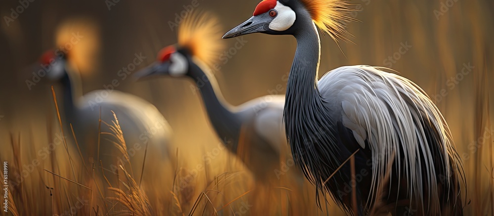 Fototapeta premium Two birds in tall grass, Grey Crowned Crane Family Gruidae