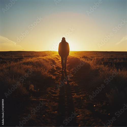 faceless man walking away from sunset toward camera with long shadows