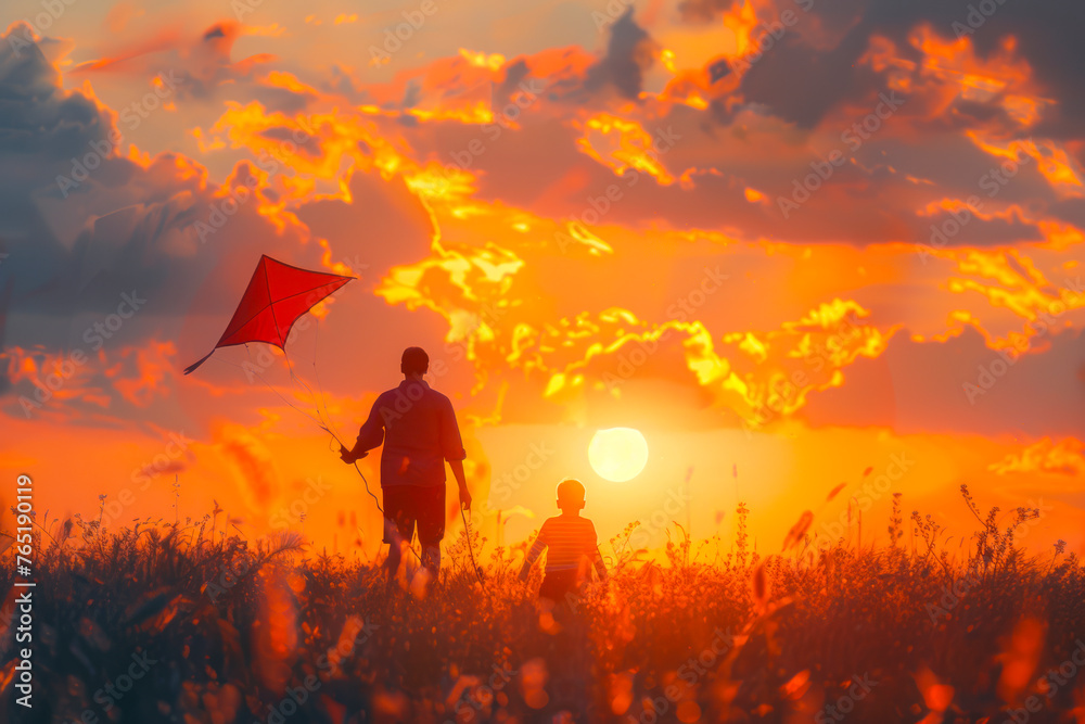 Fototapeta premium Father and Son Soaring: An Enchanting Summer Sunset Kite Adventure in Nature