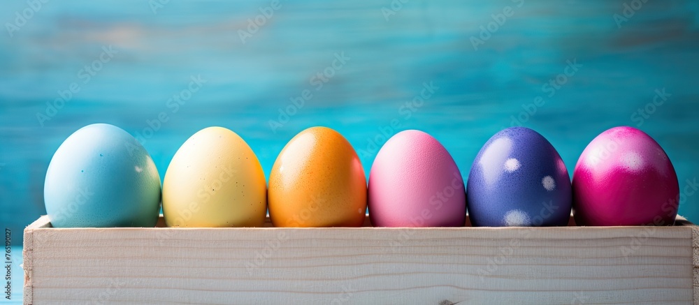 Colored eggs in wooden box Colored eggs in wooden box