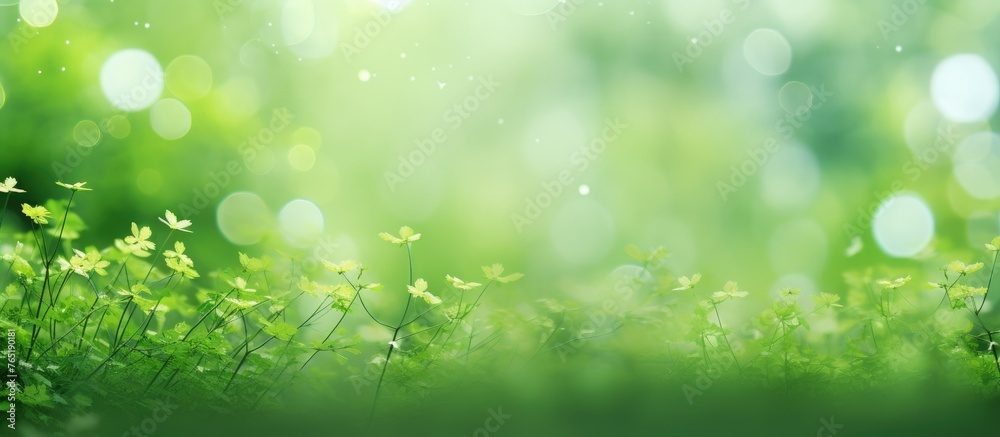 Obraz premium Sunlight filtering through green leaves on grass with flowers