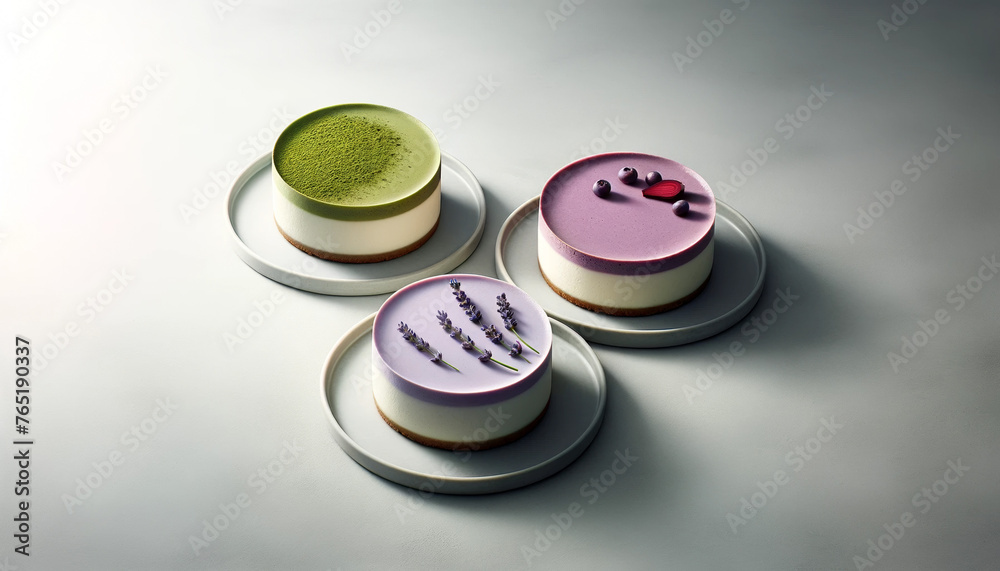 Trio of Gourmet Vegan Cheesecakes: Matcha Green, Lavender Purple, and Beetroot Red, minimalistic Trio of Gourmet Vegan Cheesecakes: Matcha Green, Lavender Purple, and Beetroot Red, minimalistic