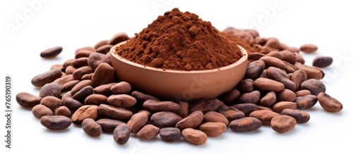 Cocoa beans and cocoa powder on white background