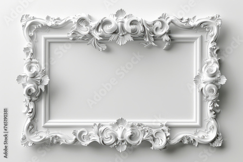 Whimsical 3D Rendering of Elegant White Baroque Frame on Surreal White Background, Perfect for Text or Photo Insertion, No Shadows