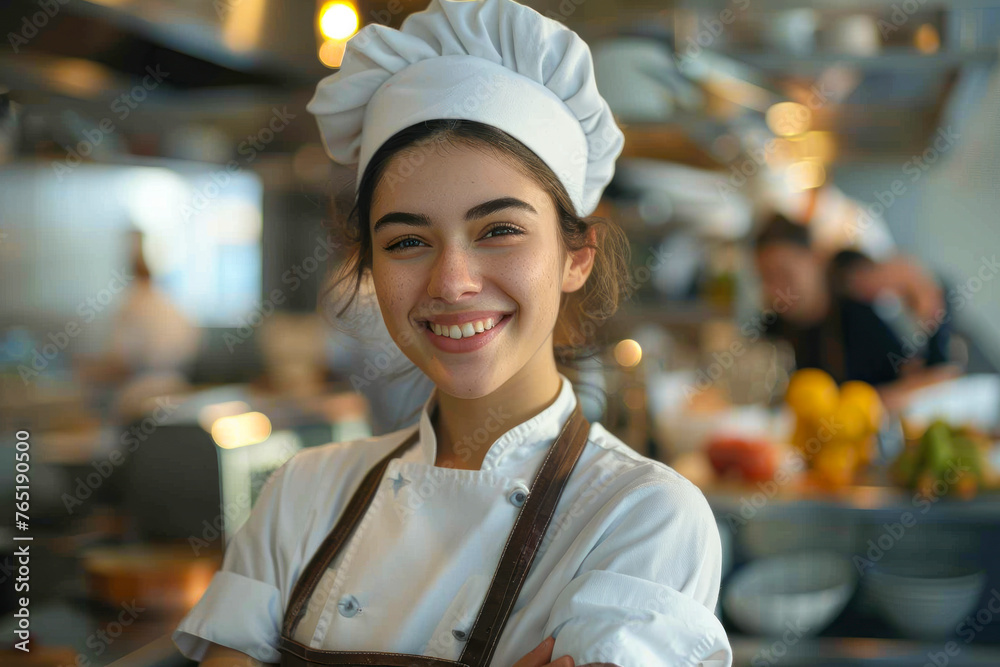 Smiling young female chef in apron and chef's hat, standing with arms crossed in restaurant kitchen Smiling young female chef in apron and chef's hat, standing with arms crossed in restaurant kitchen