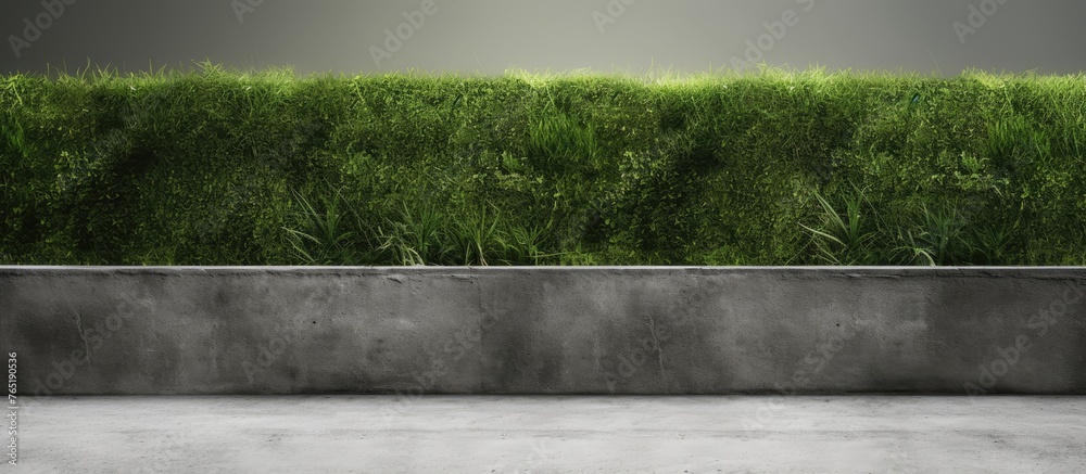 Concrete planter close up with green hedge in the background
