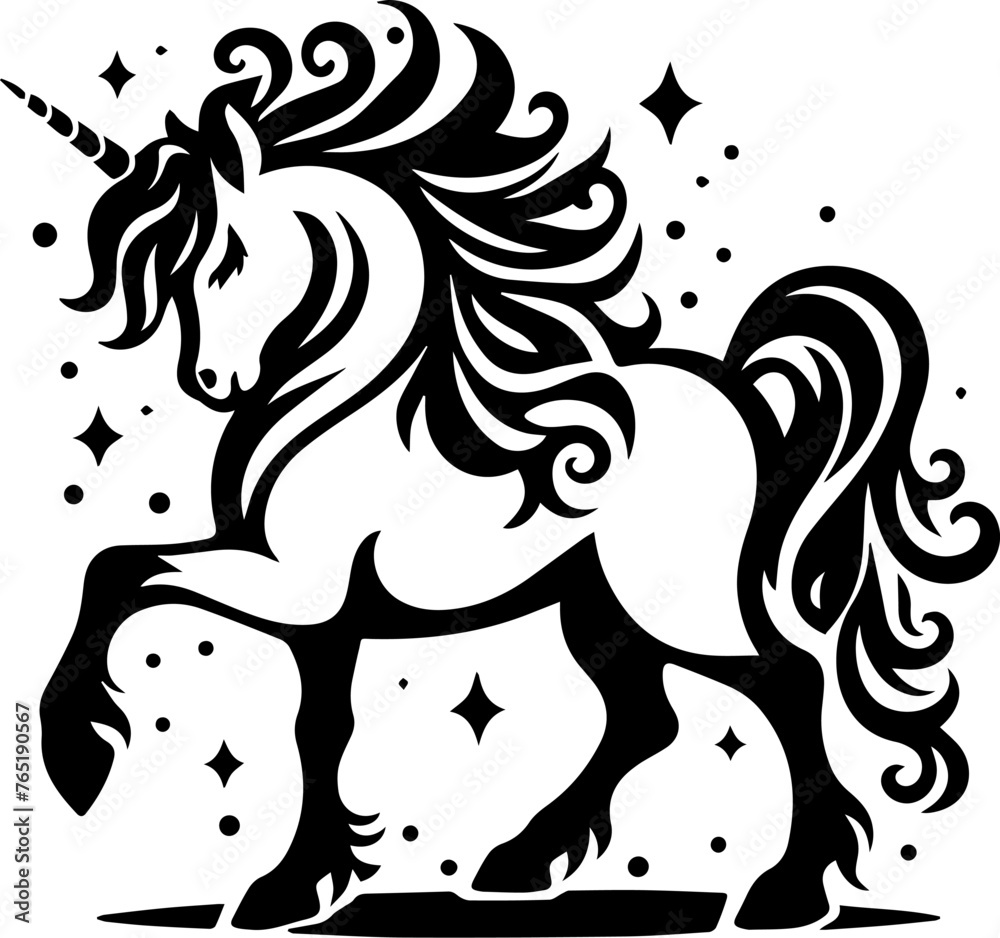 Magic unicorn silhouette. Fantasy creature unicorn silhouette design. Vector illustration for print, banner, poster.