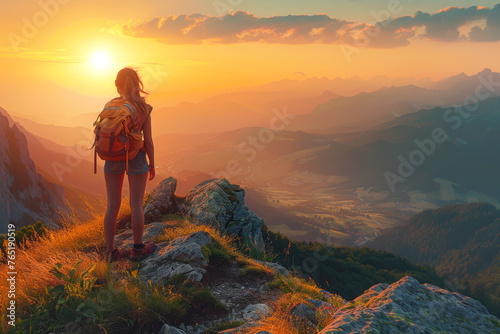 Adventurous woman admiring breathtaking sunset view from cliff top in summer mountain landscape