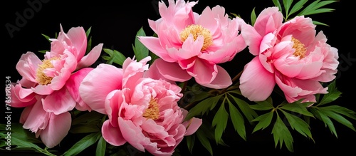 Pink flowers in a vase on black background