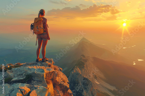 Adventure awaits: Woman admiring nature from cliff top at sunset in summer mountains with backpack