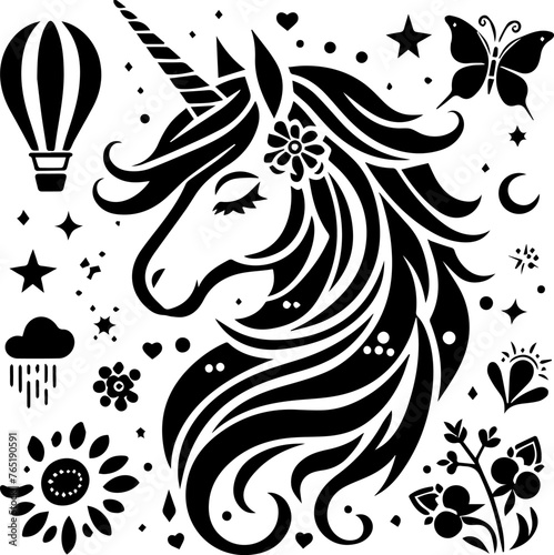 Magic unicorn silhouette. Fantasy creature unicorn silhouette design. Vector illustration for print, banner, poster.