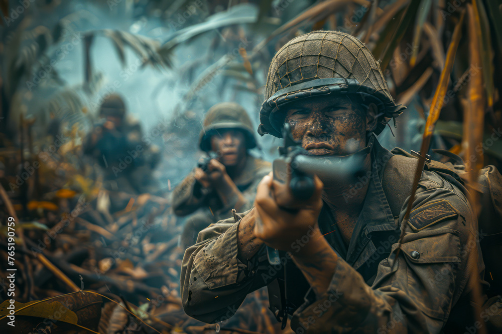WWII Soldiers Engage in Jungle Warfare: Dramatic Military Action Shot