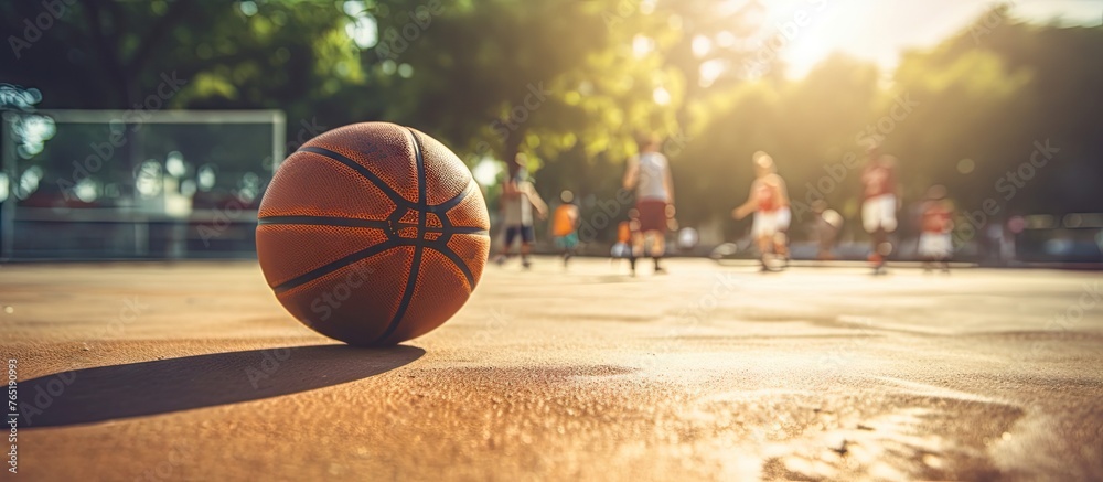 Basketball ball on court surrounded by people