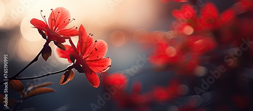 Red flower on branch in sunlight