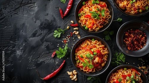 Aromatic Pho with Fresh Herbs and Chili. A steaming bowl of traditional Vietnamese Pho soup, adorned with basil leaves, chili slices, and vibrant greens, copy space