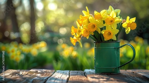 Yellow daffodils bloom in a green jug on an old wooden table in the garden in the sunlight outdoors on a spring morning at dawn in a rustic style.