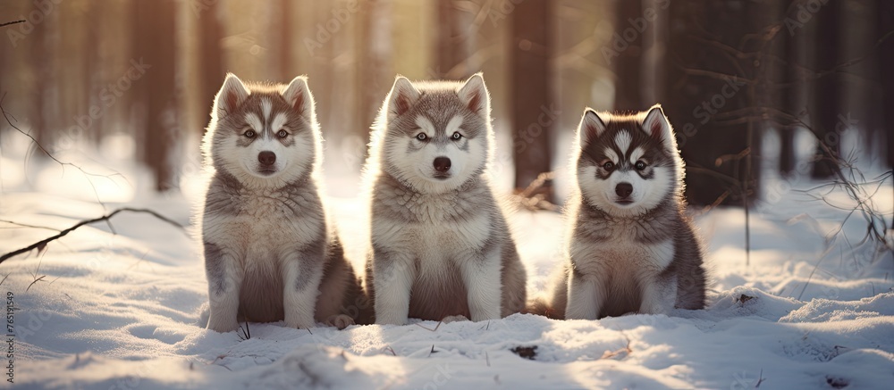 Three husky dogs sitting amidst snowy forest Three husky dogs sitting amidst snowy forest