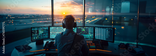 Airport Tower Communication: Air Traffic Controllers in Action with Navigation Screens and Departure Data photo
