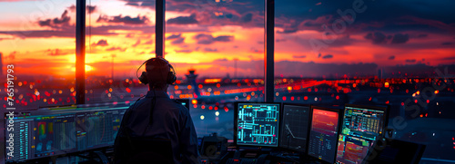 Airport Tower Communication: Air Traffic Controllers Manage Departures and Arrivals with Navigation Screens and Panoramic Views
