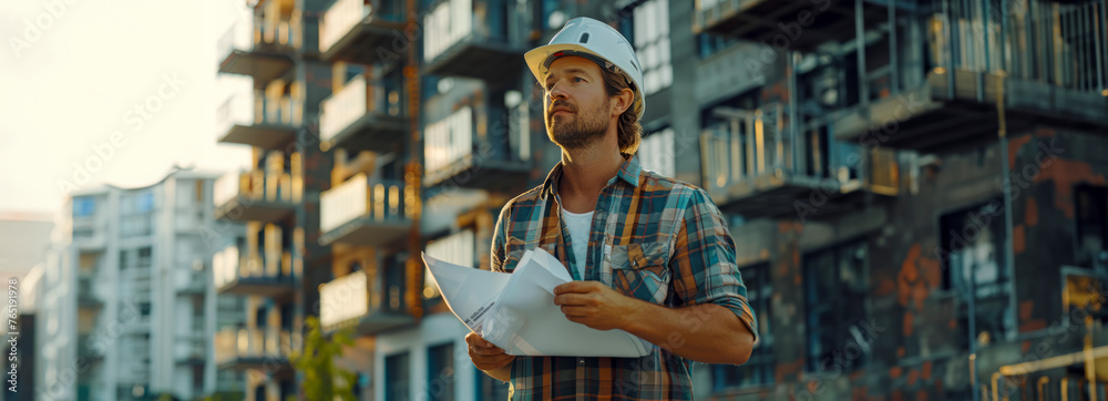 Professional architect examining modern construction site in hardhat
