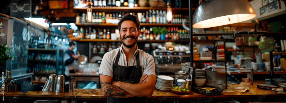 Cheerful mixologist behind the bar at a trendy eatery