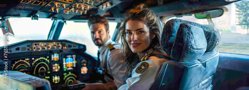 Male and female pilots in cockpit of international passenger flight, navigating controls and monitors photo