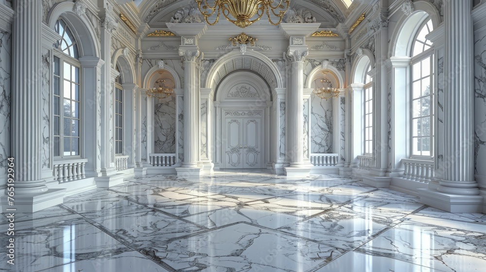 high-end fashion display with a regal touch - a Luxurious White Marble center surrounded by a Royal Palace Ballroom border.