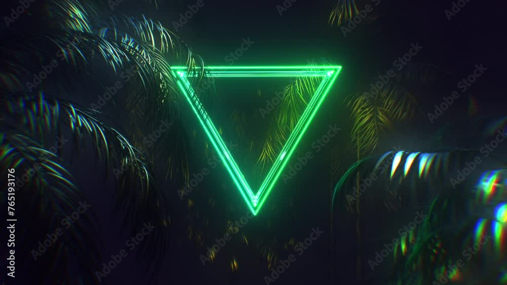 Against the background of tropical plants, glowing frames with neon lights, useful for displaying text and logos, seamless loop 4K

