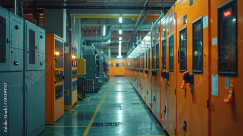 Large industrial power control room with rows of orange cabinets and modern equipment.