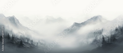 A monochromatic painting depicting a foggy mountain range with trees in the foreground, creating a serene atmosphere with grey clouds and haze