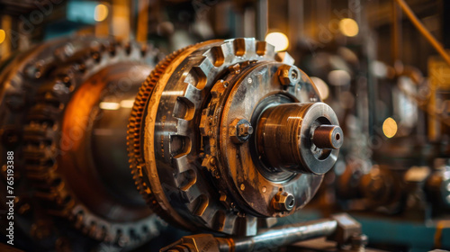 Close-up view of complex industrial machine parts, showcasing gears and mechanical components.