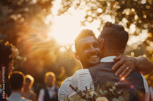 Happy gay couple in wedding ceremony at