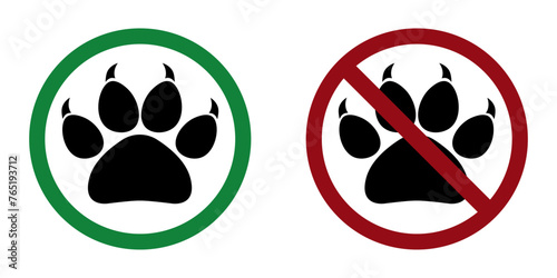 Animal ban prohibit icon. Not allowed entry with animals cats and dogs. Forbidden entry with pets