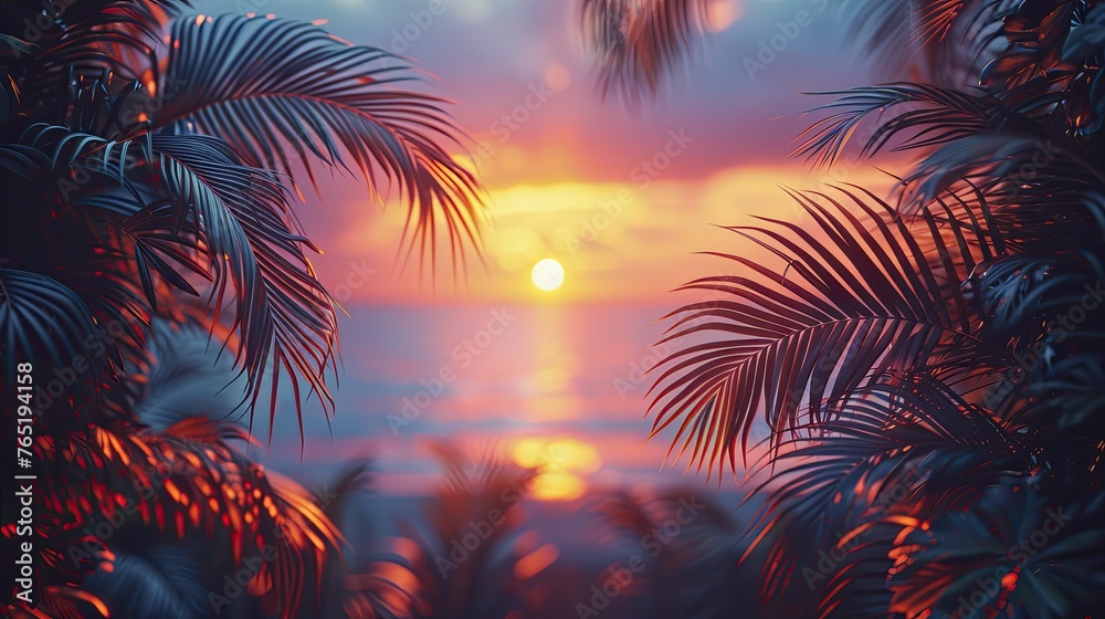Create an exotic ambiance with a vibrant blend of Tropical Palm Leaves and a Beach Sunset border, perfect for summer resort vibes.
