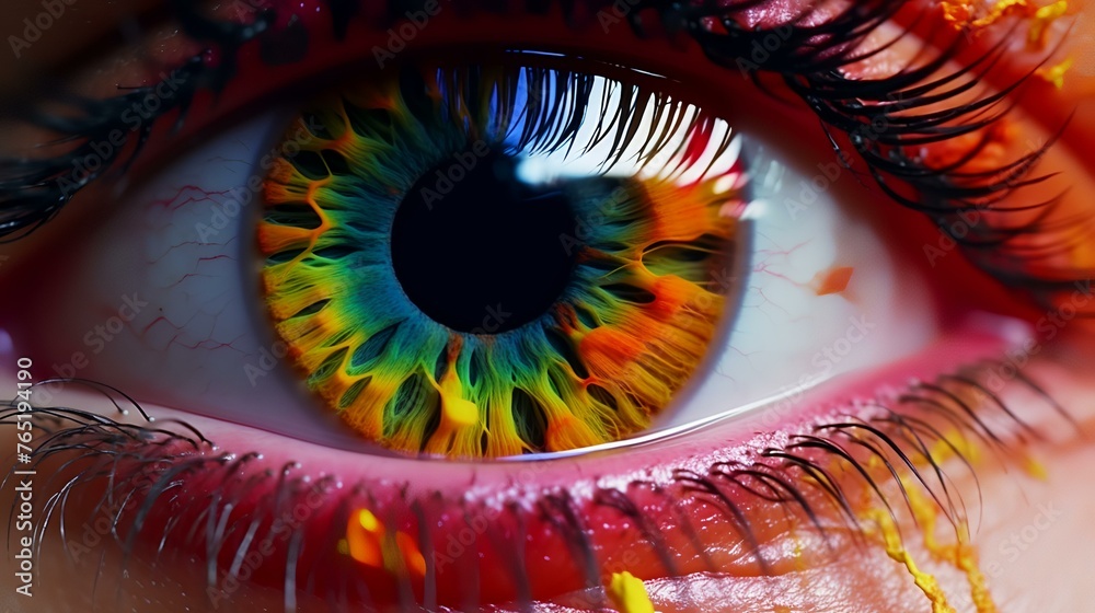 3d illustration of beautiful female eye with glowing iris, closeup