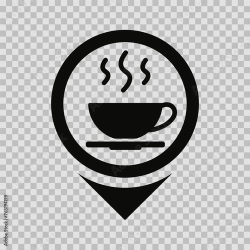 Cafe point on the map, silhouette symbol, vector cut glyph, roadside restaurant on the map, sign on transparent background.