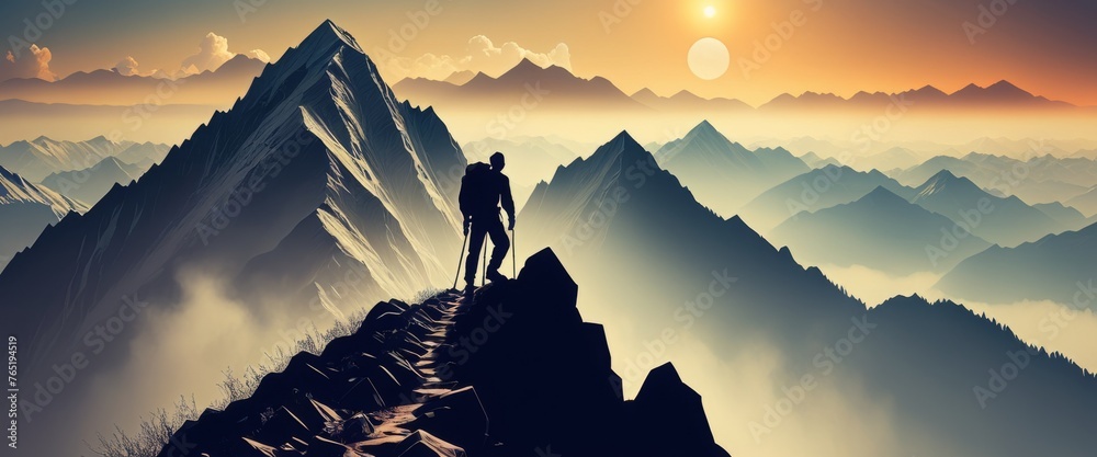 A trekker hikes along a narrow mountain trail at sunrise, the path leading towards a majestic summit. The layered peaks bask in the soft morning light. - obrazy, fototapety, plakaty 