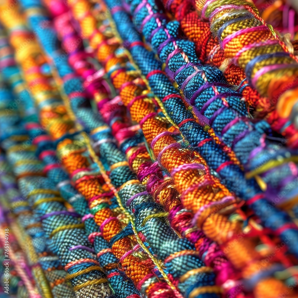 A macro shot of vibrant, multi-colored woven fabric highlighting the intricate textures and patterns of the threads