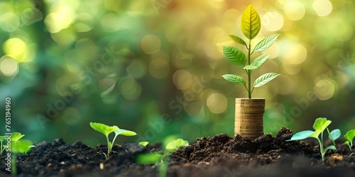 Investing in Renewable Energy and Green Business Growth: Symbolism of Coins Stacked Next to a Growing Tree. Concept Renewable Energy Investments, Green Business Growth, Coin Symbolism, Stacked Coins