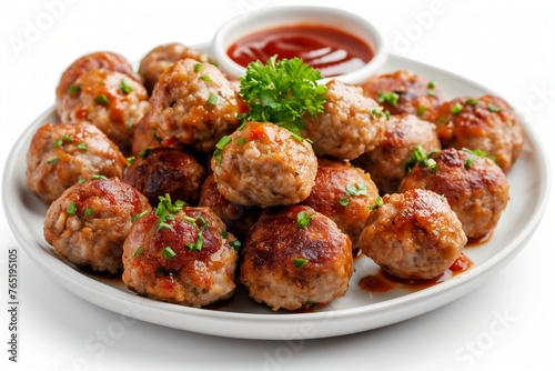 Plate of tasty meat balls with sauce isolated on white, meatballs with sauce closeup, meatballs, meat dish, meat recipe, meatball closeup photo