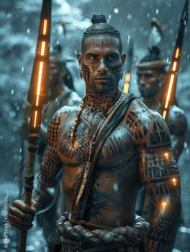 Tribal warriors wielding laser spears, their tattoos illuminated by the glow photo
