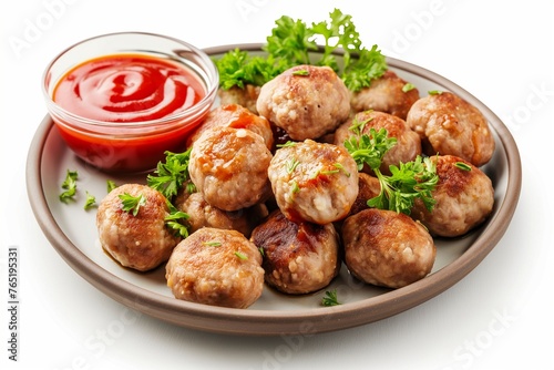 Plate of tasty meat balls with sauce isolated on white, meatballs with sauce closeup, meatballs, meat dish, meat recipe, meatball closeup