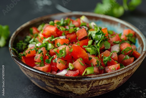 Plate of tasty Pico de Gallo salsa on dark background