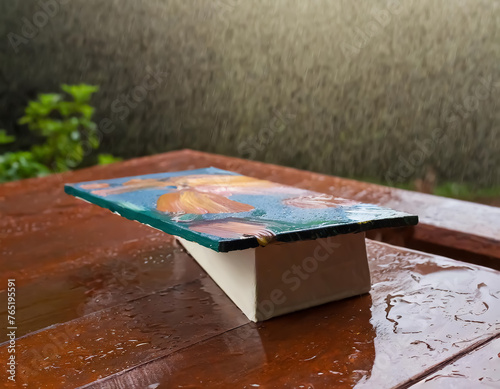 Painted half-close-up painting resting on brown table in the rain 