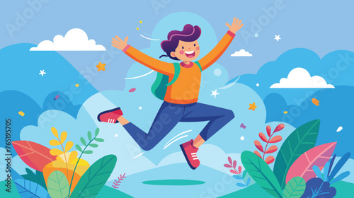 Joyful Person Jumping Against a Colorful Landscape Background