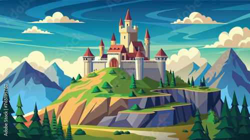 Majestic Castle on a Verdant Hilltop Overlooking Mountains