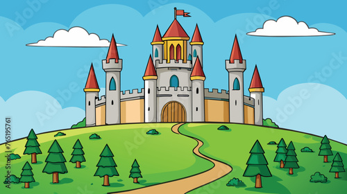 Majestic Castle on a Sunny Hilltop Surrounded by Greenery